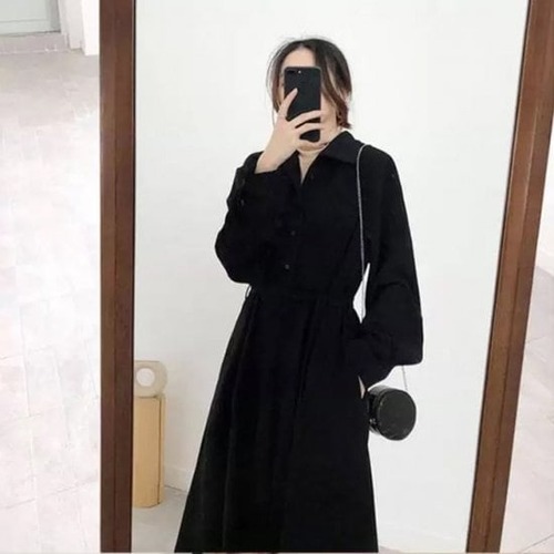 ワンピース シャツワンピース レディース ミモレ丈 Vネック 長袖 ワンピ 無地 Aライン 大人可愛い フォーマル きれいめ 上品 お出かけ デート 女子会 通勤 通学 ハイウエスト