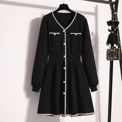 2色／配色ラインVネックニットワンピ ・73862