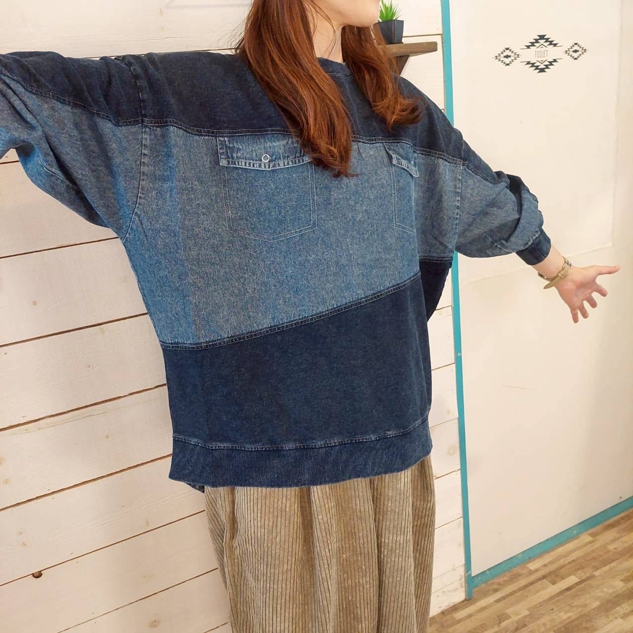 裏毛×ケミカルデニム　ポケット切替ドッキングPO　D1934