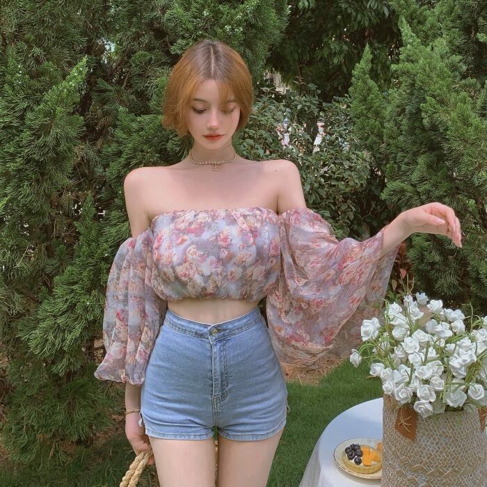 サマースタイルショートフローラルブラウス シフォンシャツ レディース 大人ガーリー スウィート キュート カジュアル 夏物 花柄 ドラファッションホール81585316904