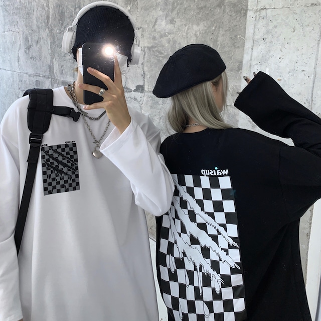 ユニセックス Tシャツ 長袖 モノトーンフラッグ柄 爪痕 オーバーサイズ 韓国ファッション メンズ レディース ロンT カジュアル ストリートファッション / Checkerboard plaid print loose T-shirt trend (DTC-651649556386)