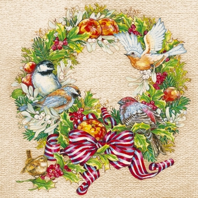 【Maki】バラ売り2枚 ランチサイズ ペーパーナプキン Christmas Wreath with Birds クリーム