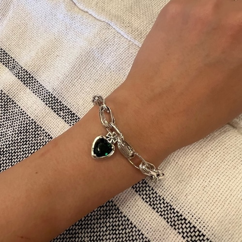 TOPANGA Accessory　 Green heart charm Bracelet　グリーンハートチャームブレスレット　Silver　bracelet　シルバー　ブレスレット
