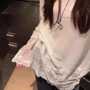 【送料無料】 裾レース ロング Tシャツ 長袖 レディース 春夏 韓国 きれいめ 大人 かわいい カジュアル シンプル 重ね着 ロンT インナー トップス 袖レース 大人可愛い 大人女子