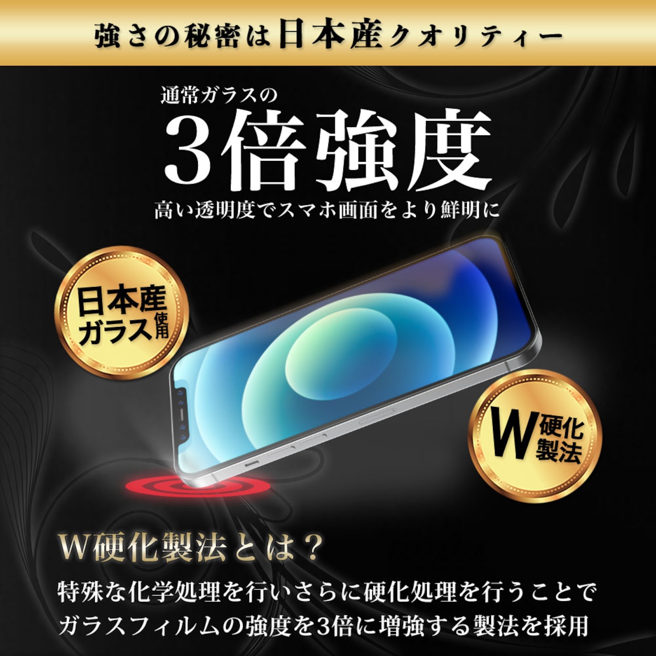 Hy+ iPhone12 mini フィルム ガラスフィルム W硬化製法 一般ガラスの3倍強度 全面保護 全面吸着 日本産ガラス使用 厚み0.33mm ブラック
