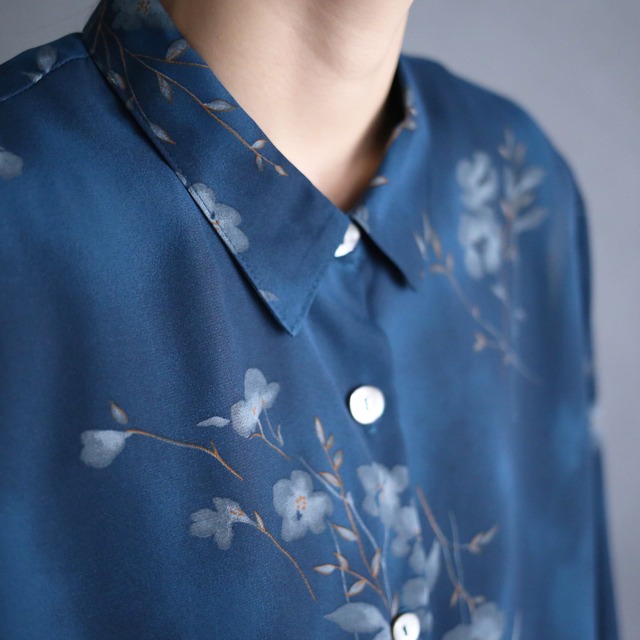 good coloring flower art pattern shell button see-through shirt
