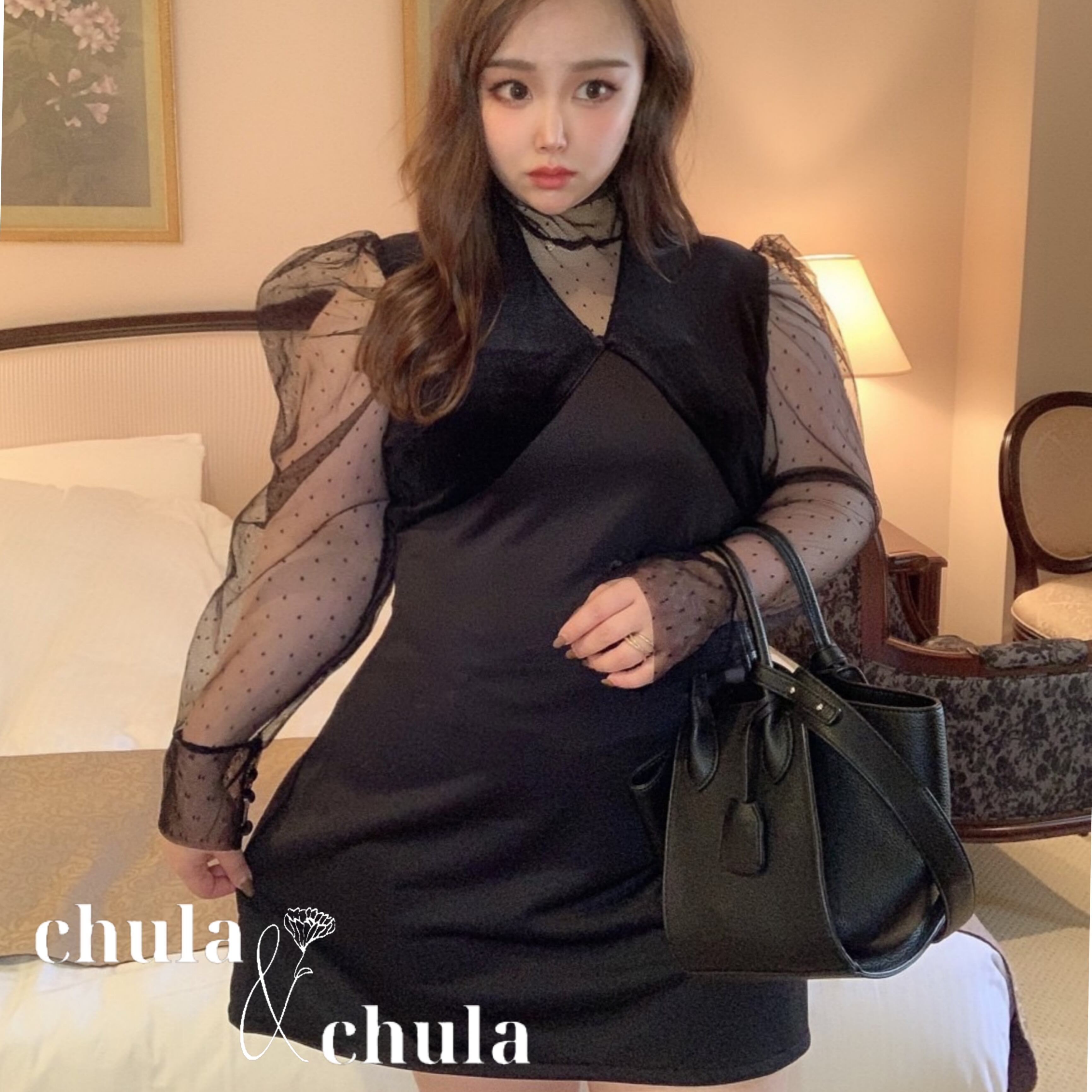 大きいサイズ レディース韓国ファッション ミニワンピース ドレス イブニングドレス シアー メッシュ Aライン ハーフハイカラー 長袖 レトロ ショート スカート エレガント ブラック Ch3247 可愛い大きいサイズ韓国レディースファッション通販 Chulachula