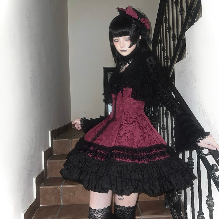 ゴスロリ 姫袖ジャケット ジャガード生地 フリル レース ダーク