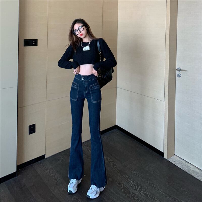 ジーンズ ハイウェスト薄手オータムウィンターダークスキニースリムスタンダードパンツ レッド レトロ 秋物 冬物 ブラックストロベリース50807246261