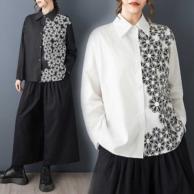 MONOTONE ASYMMETRIC FLOWER PRINT LONG SLEEVES SHIRT 2colors M-15796