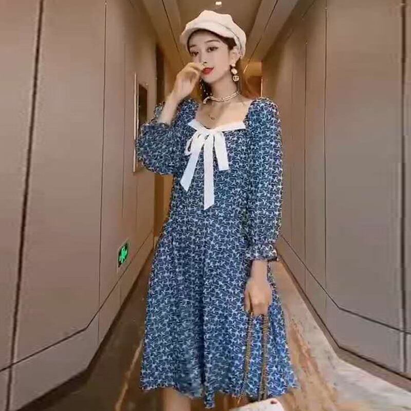 プラスサイズの女性の太った姉妹ドレスの女性の秋のバージョンの長いゆるい蝶結びは薄い四角い襟のスカートでした ミックスインファッション77749427602