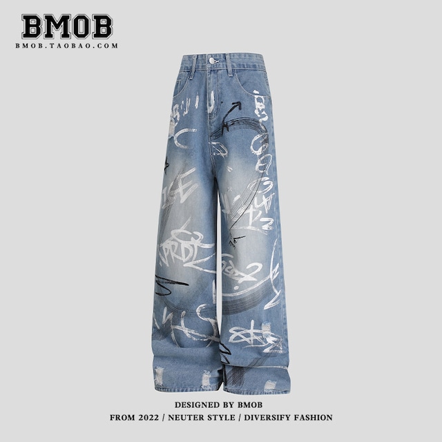 ♥ワイルドで魅力的なデニムパンツ!【BOBMシリーズ】★デニムパンツ★ 落書き ボトムス ズボン ユニセックス メンズ ファション