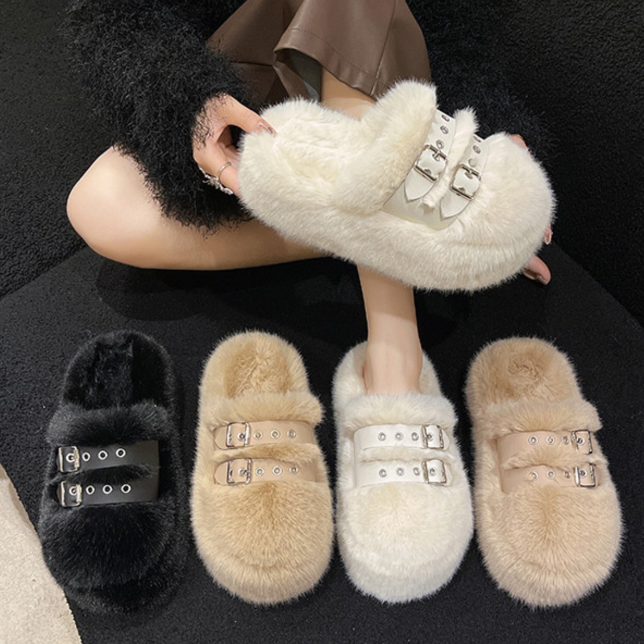 Faux fur closed-toe slippers (ME313)