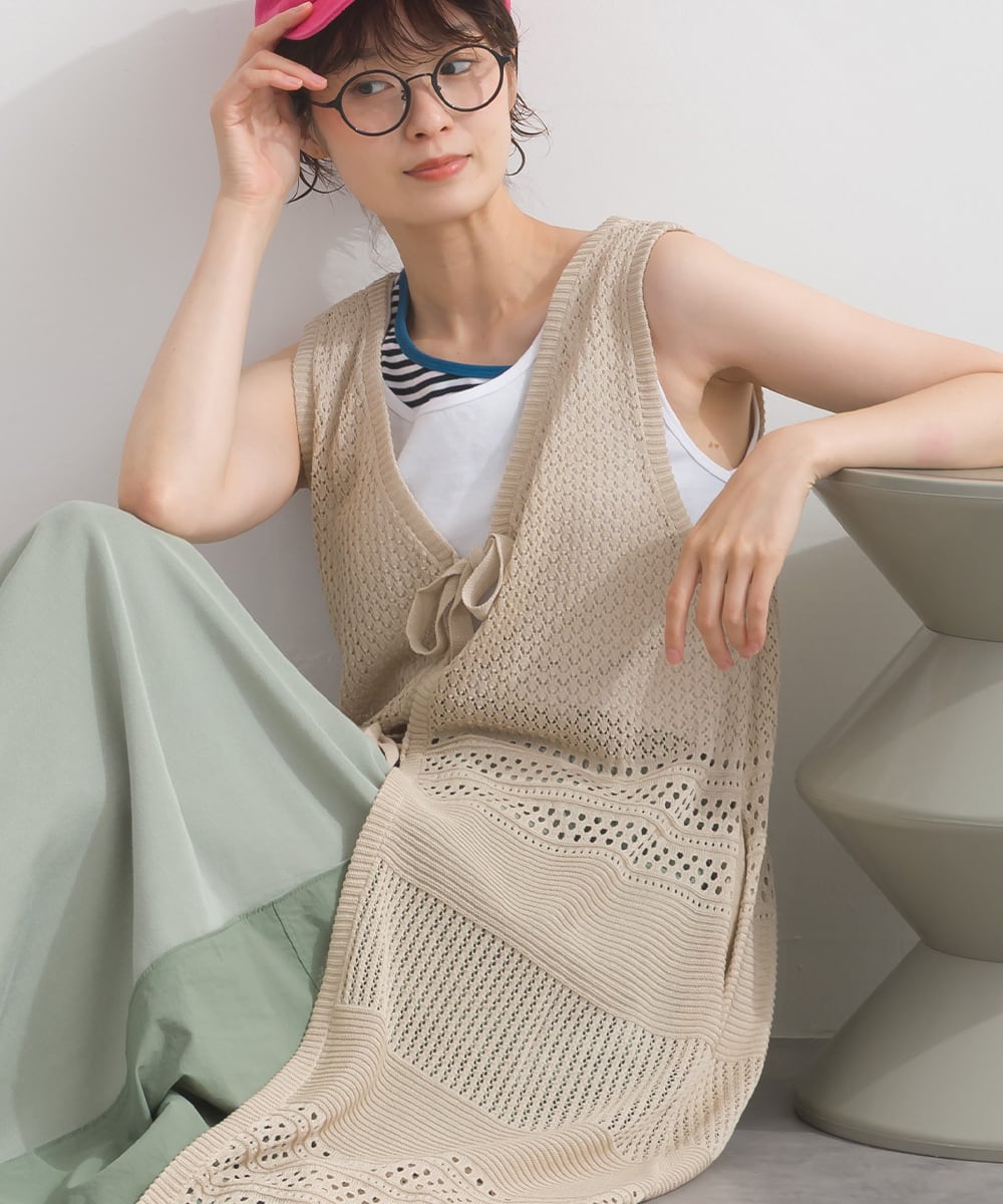 P262050 編み地切替ロングニットジレ / Pattern Knit Long Vest Dress