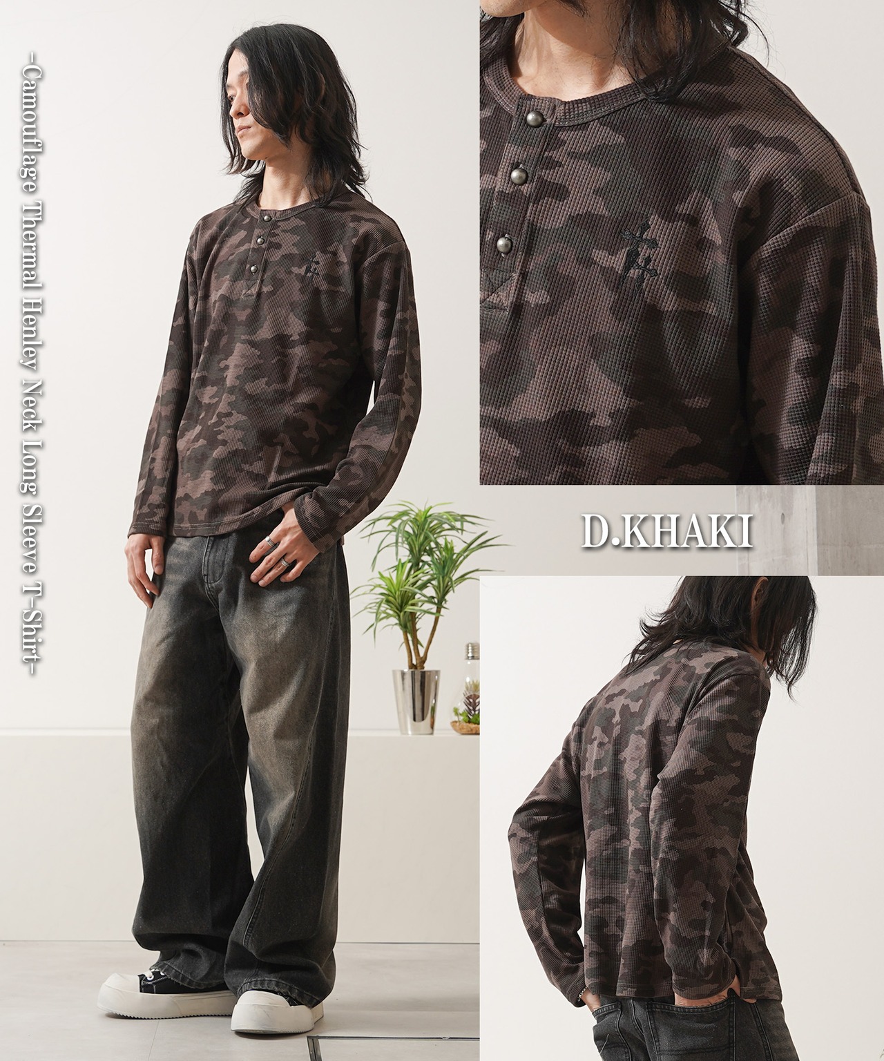 ◆クロス刺繍 サーマル ヘンリーネックロンT◆wi-603032