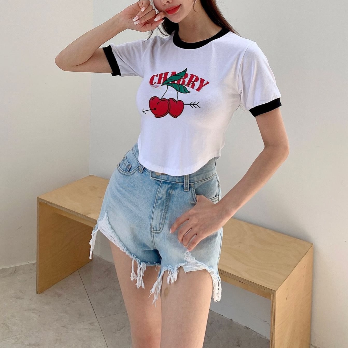 チェリークロップリンガーTシャツ #5カラー 【Y2K/韓国ブランド/韓国 ...