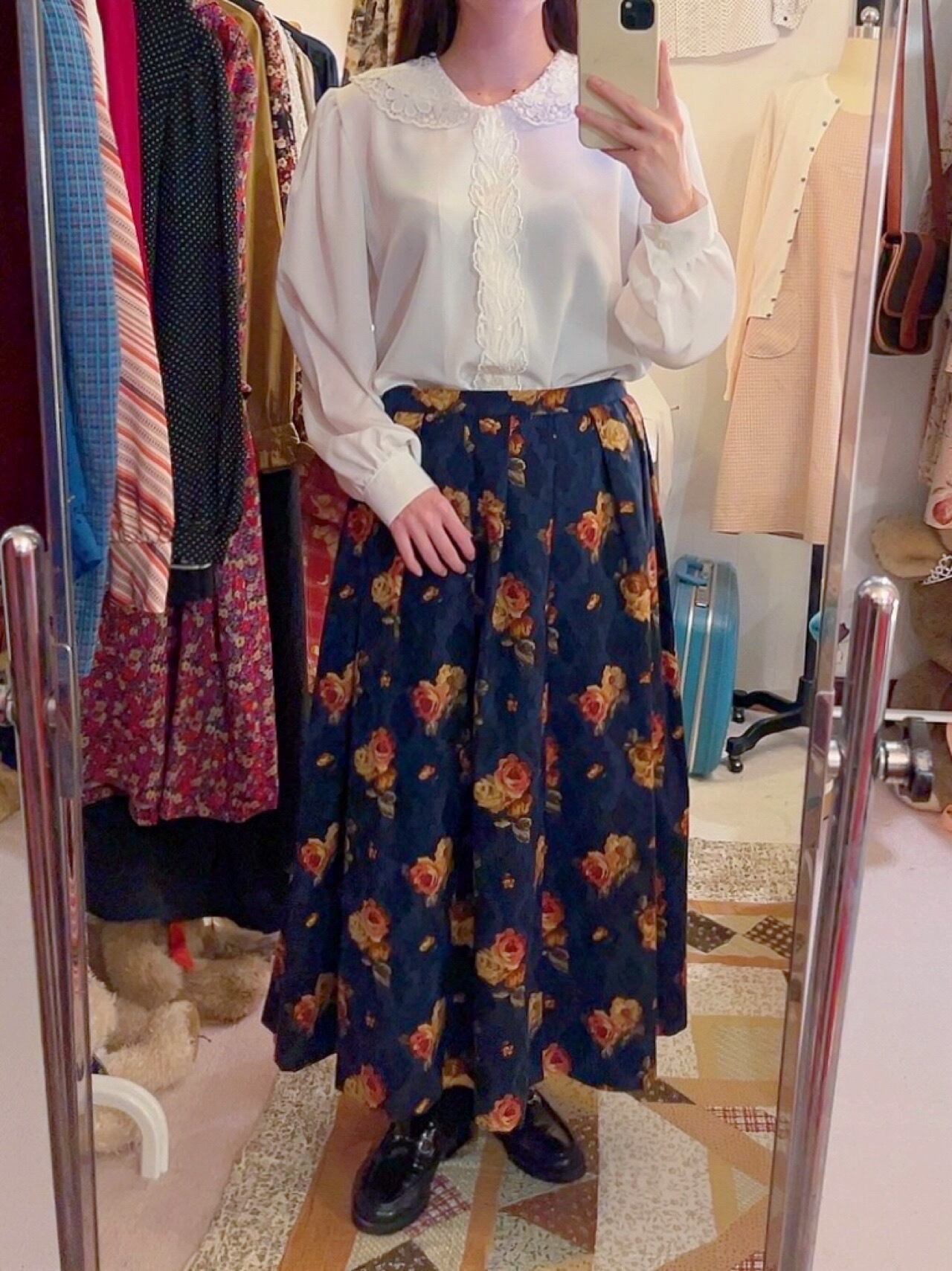 antique rose blue diamond tuck skirt