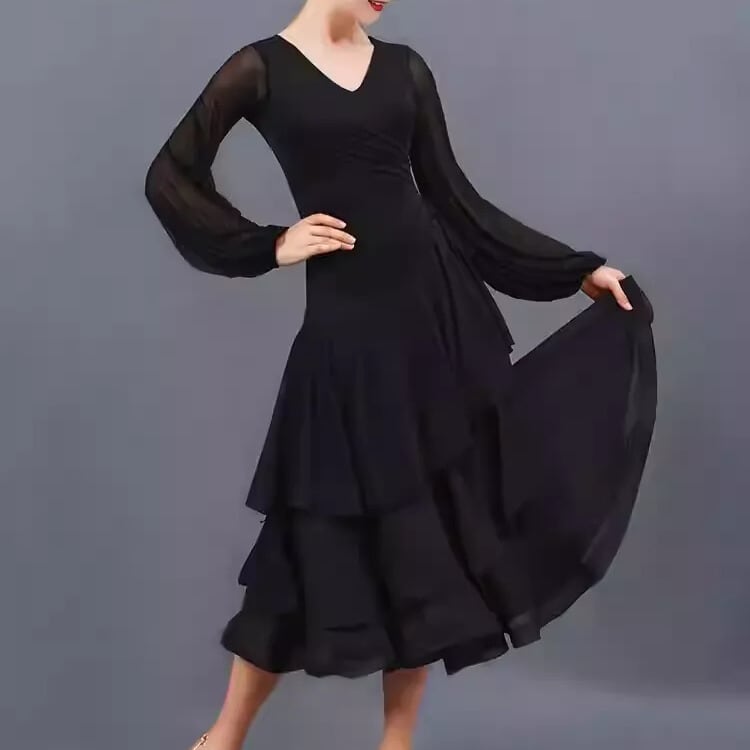 Vネック ロングスリーブ ティアード ミモレワンピース ds1061