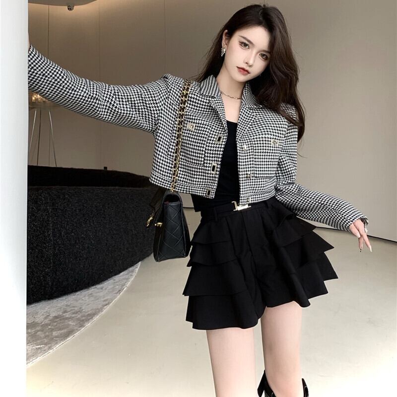 スタイルスタンダード格子柄カラーショートコート ジャケット オータムハイウェストショーツ ロング レトロ 秋物 ブルマー ガールズファッション18318830365