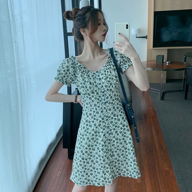 スプリングVネックシフォンフローラルドレス ウェスト薄手Aラインスカート 春物 花柄 1号婦人61059077306