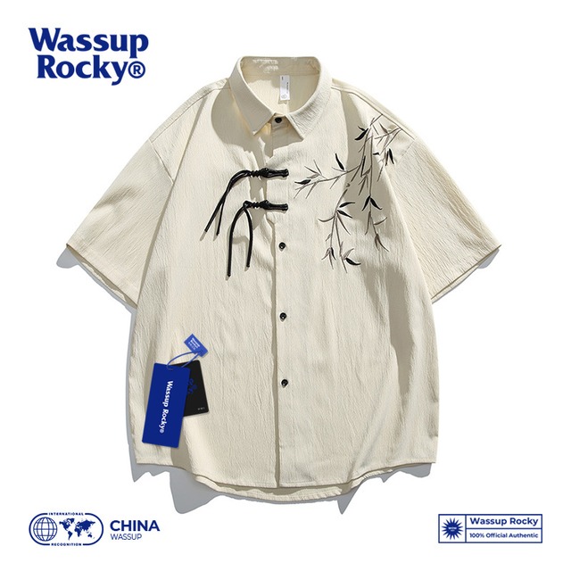 【Wassup Rockyシリーズ】★チャイナ風シャツ★ 3color トップス 半袖シャツ 男女兼用 メンズ 大きいサイズ 竹 チャイナボタン