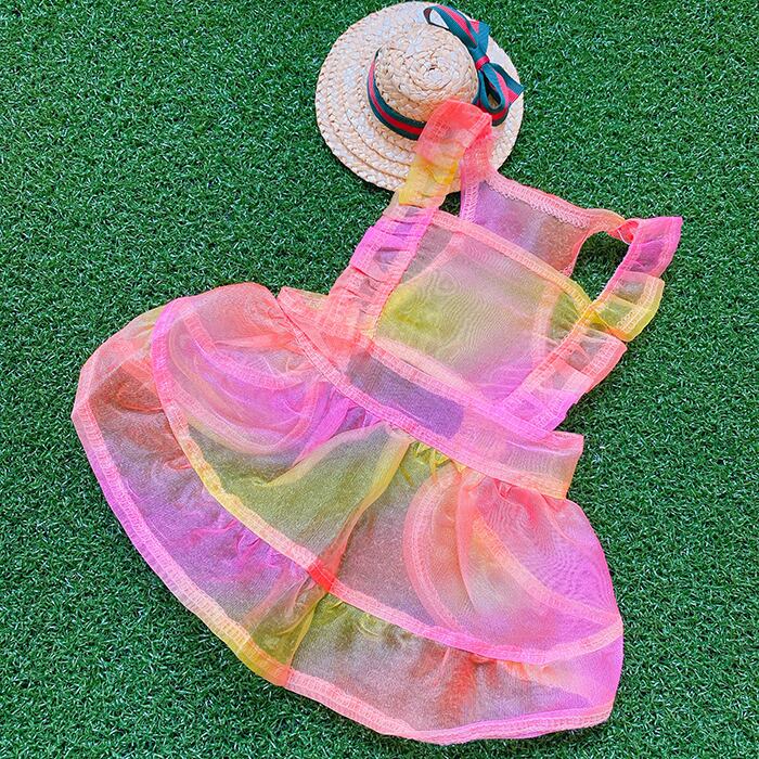 【SALE】レインボーシャーベットワンピース S ~ XL /  犬服 春夏 新作 シースルー ドレス ドッグウェア 可愛い 犬の服 ペット用品 ワンちゃん 猫 小型犬 onepiece35
