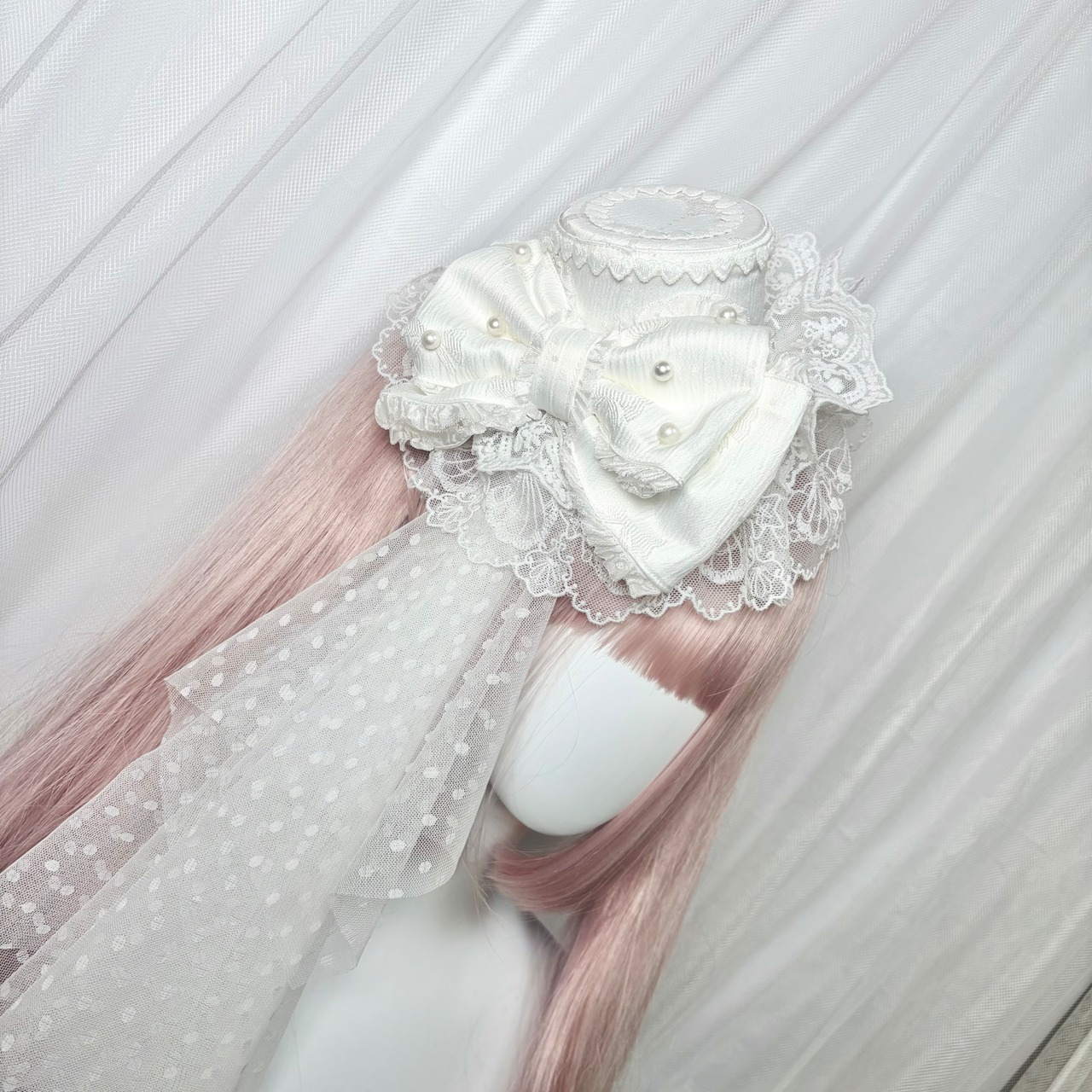 ♡【全3色】ヴェール付き⟡.· パステルシュガー パールリボンミニハットヘアクリップ light blue ♡