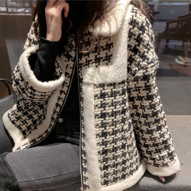 【送料無料】 エレガント☆千鳥格子ツイード モダン スタイリッシュ アウター 長袖 デザイン 秋冬 ブラック&ホワイト デイリー オフィス 通勤 通学 デート 女子会 お出かけ お呼ばれ パーティー 普段使い OT-077KW