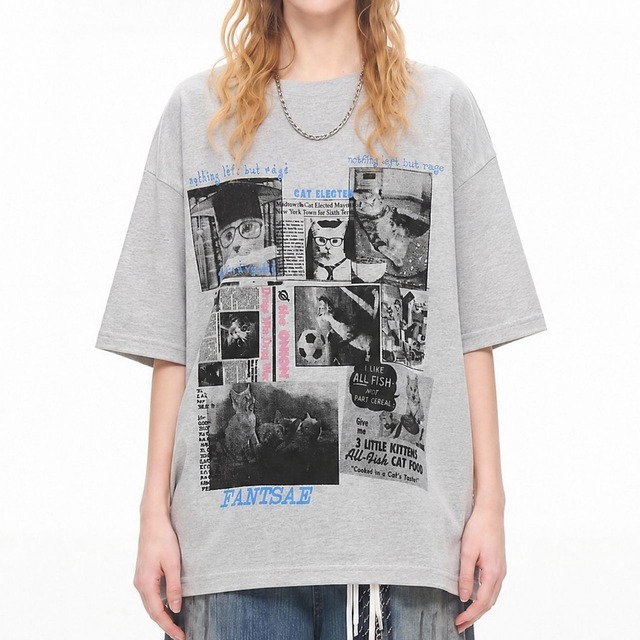 キャットコラージュニュースペーパーグラフィックT 2col R02315