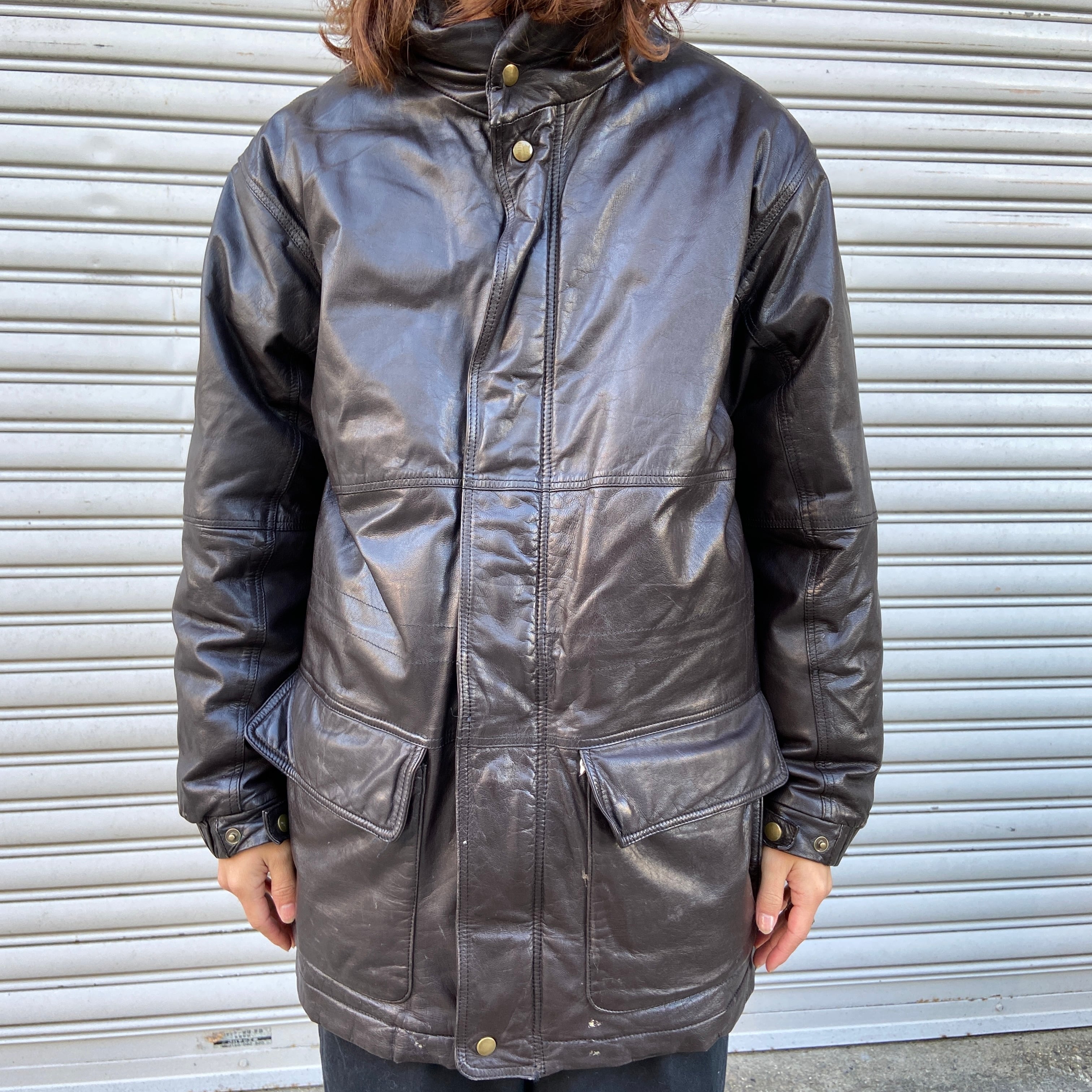 送料無料』80-90s eddie bauer オールレザーダウンジャケット 黒タグ