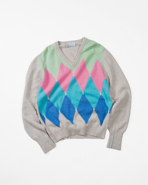 [90's] "BALLANTYNE" Pure Cashmere Argyle V-Neck Sweater (Made in Scotland)