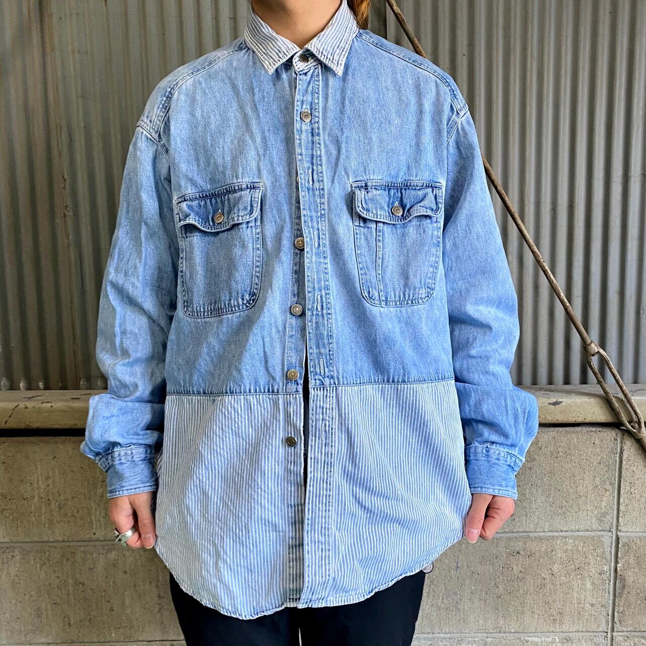 90年代 ギャップ GAP DENIM オールドギャップ ストライプ柄 長袖 ボタンダウンデニムシャツ メンズXL ヴィンテージ /eaa373820