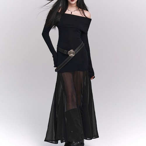 off shoulder sheer long onepiece / l0048