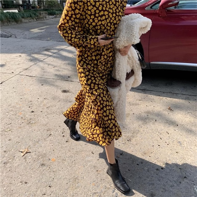 yellow daisy print long one-piece〈d101749〉