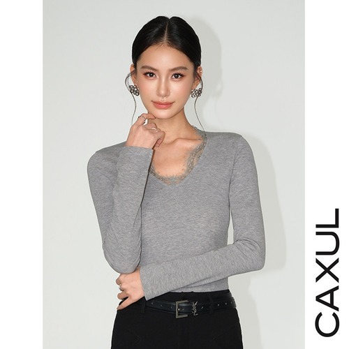 Lace Detail V-Neck Long Sleeve Top / 3color