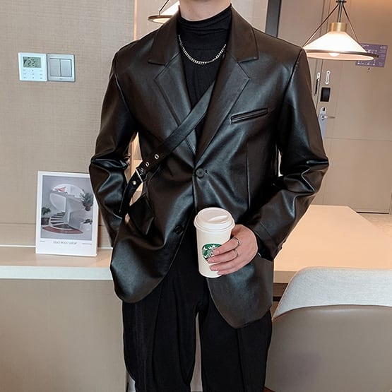 【予約販売】テーラードジャケット レザー 革 ベルト アウター ジャケット メンズ ブラック カジュアル こなれ感 お洒落 韓国トレンド 春 秋 冬 M/L/XL/2XL