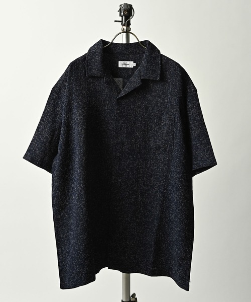 ATELANE Summer tweed short-sleeved open shirt (BLU) 26A-15010