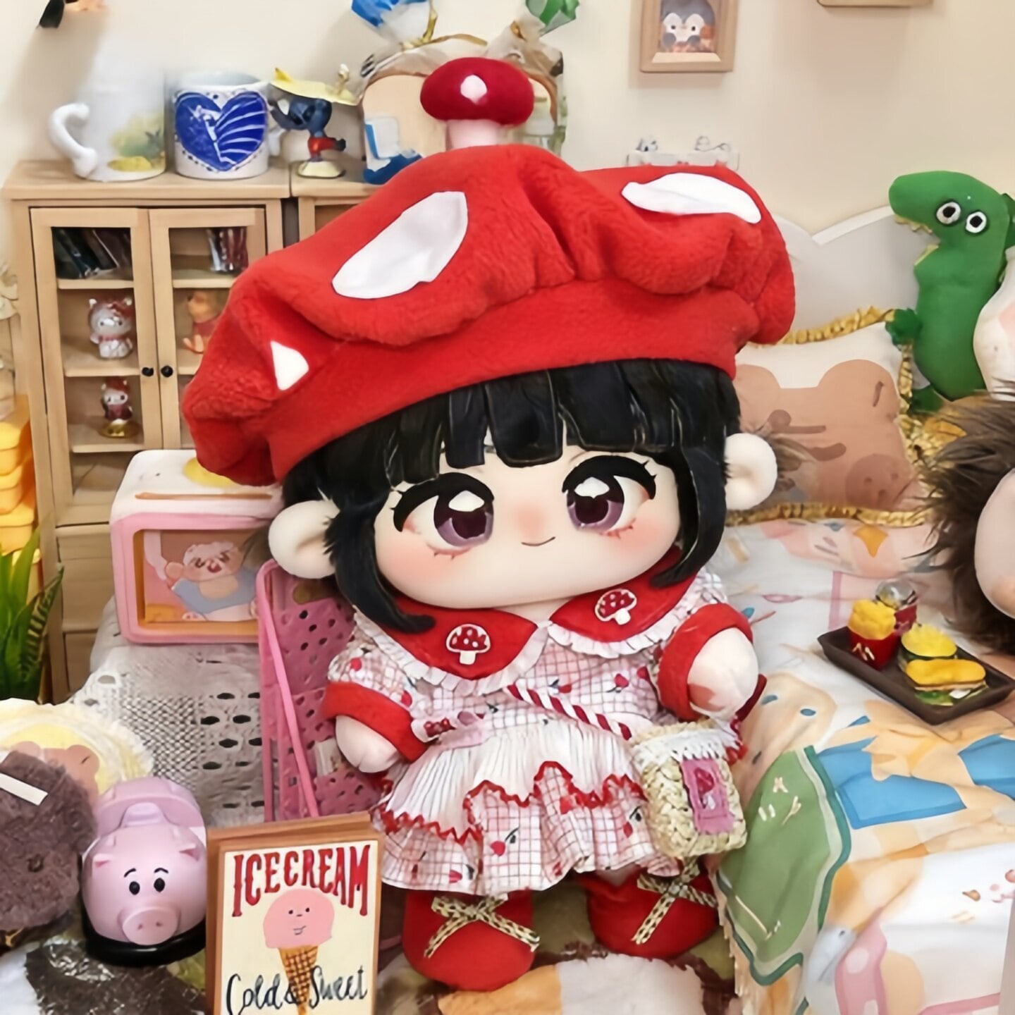 20cmぬいぐるみ用 カントリー風 花柄チェックワンピース+帽子+バッグ+