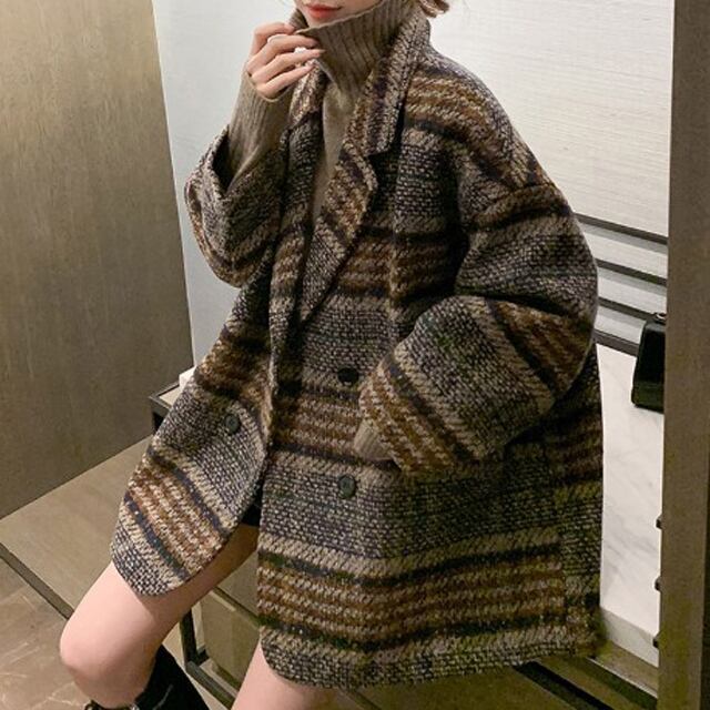 【予約販売】チェック コート ジャケット ミドル丈 テーラード 襟 ビックシルエット ウールコート レディース 秋冬 アウター S,M,L ゆったり ルーズ 柄