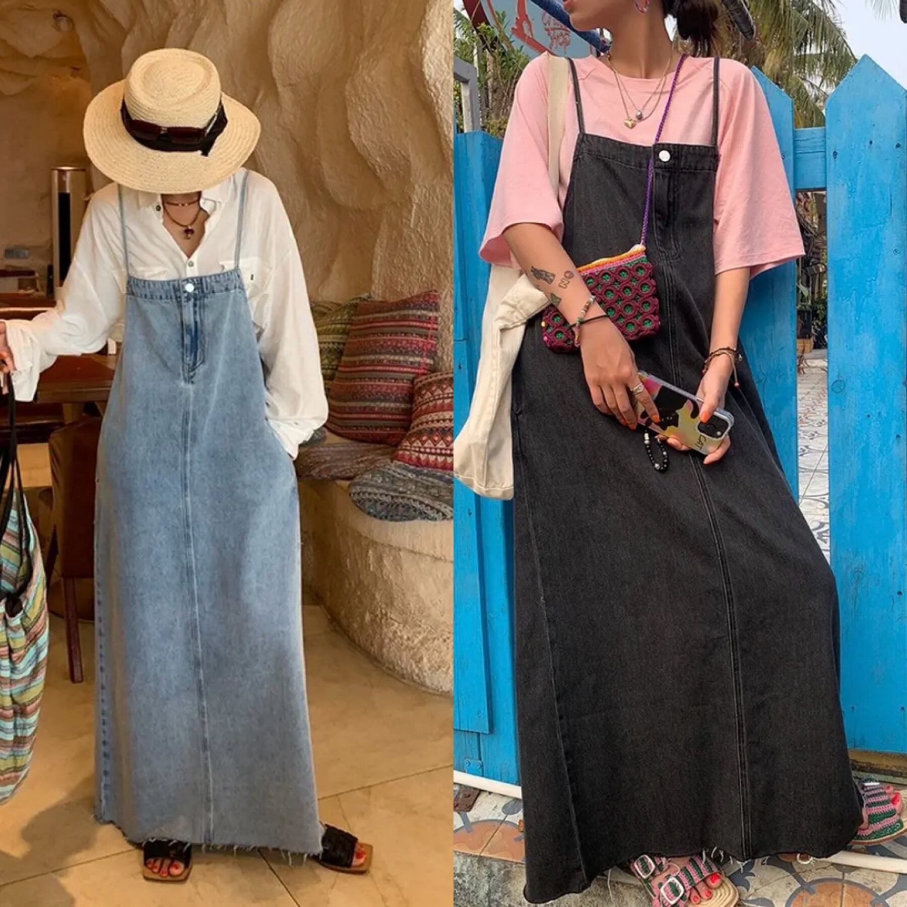 2color / サスペンダーデニムロングワンピース