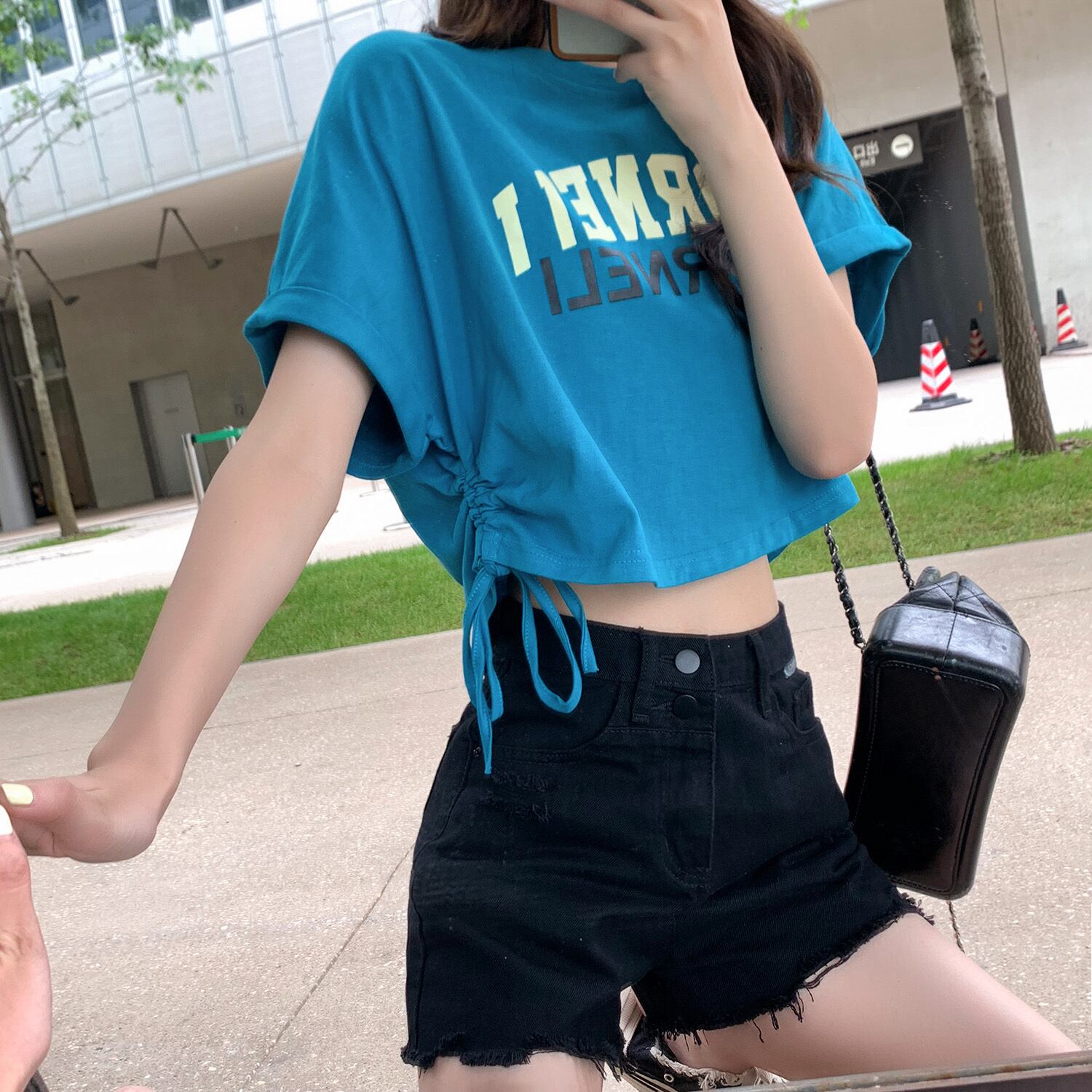 ウェストショートTシャツ サマープリントレッドトップス 夏物 6Du_Shop_Women17424912206