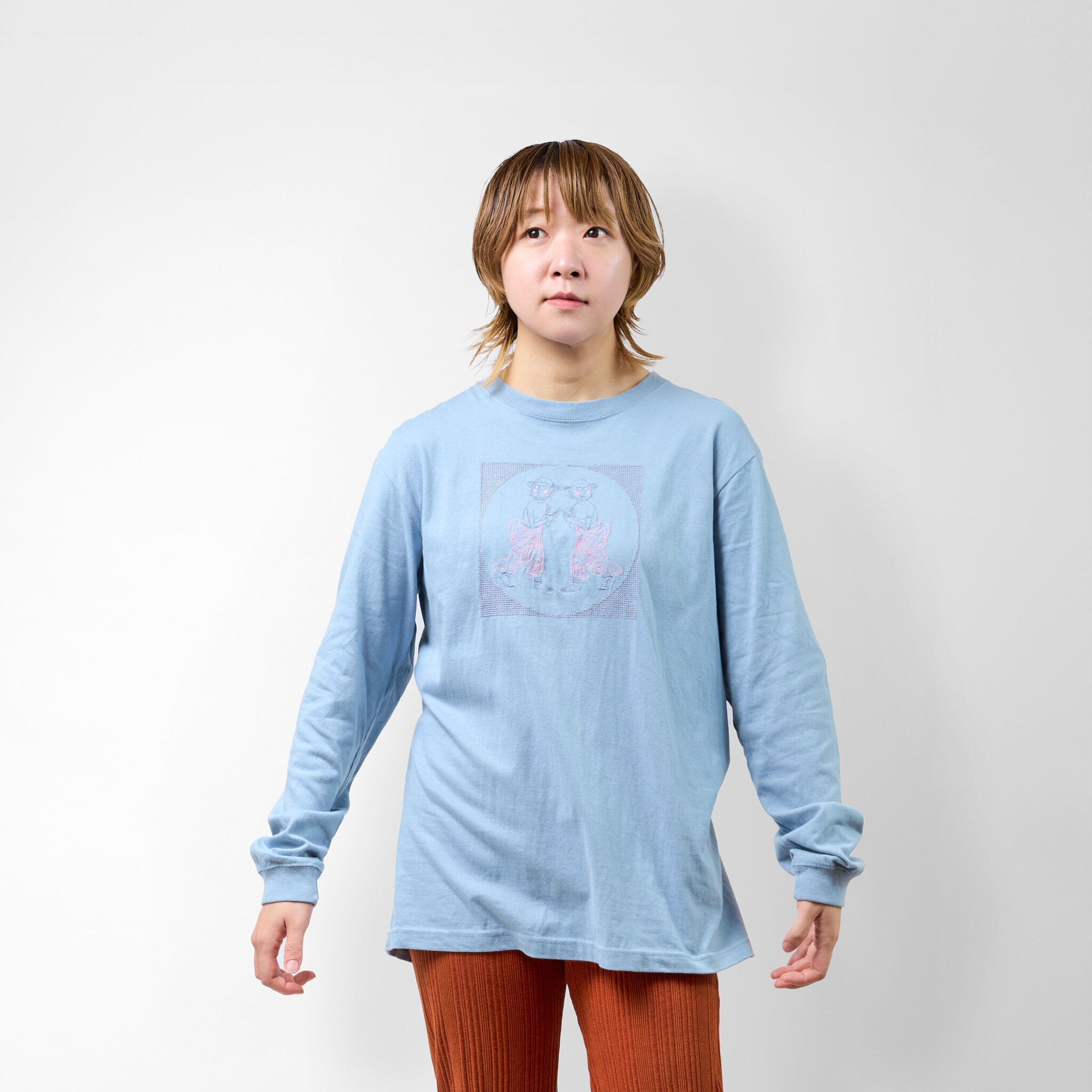 善財童子 仏像 ロングスリーブ Tシャツ (刺繍) 5.6oz ブラック