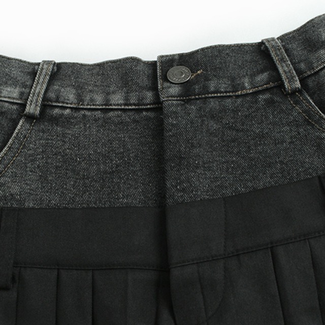 denim panel pleated skirt L0116