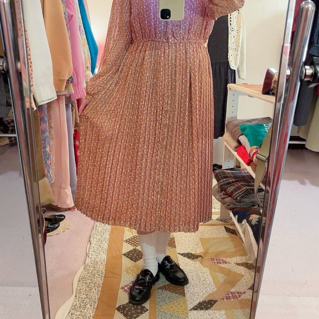 orange mini flower pleats one-piece