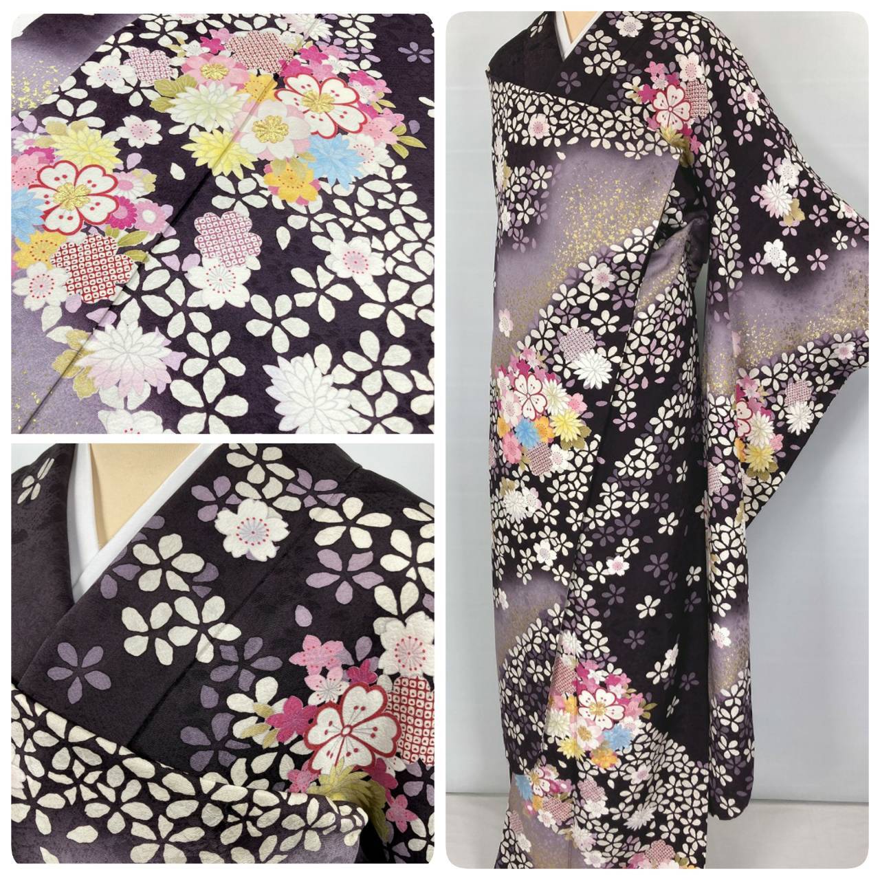 金駒刺繍 花づくし 桜 金箔 振袖 正絹 紫 濃色 黒 白 ピンク 038 