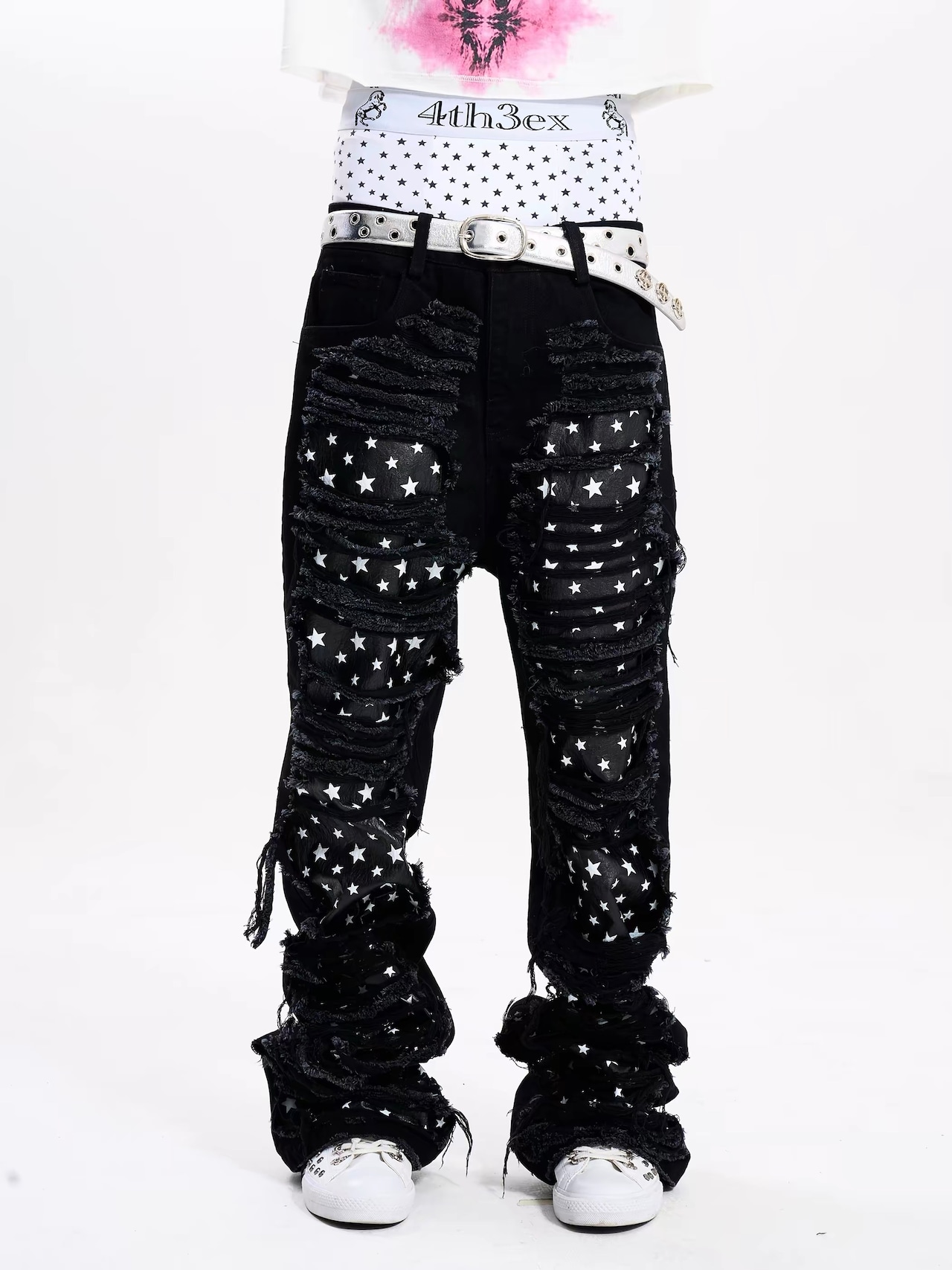 【Fourth3ex】Distressed Star Panel Denim Pants