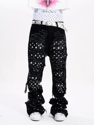 【Fourth3ex】Distressed Star Panel Denim Pants