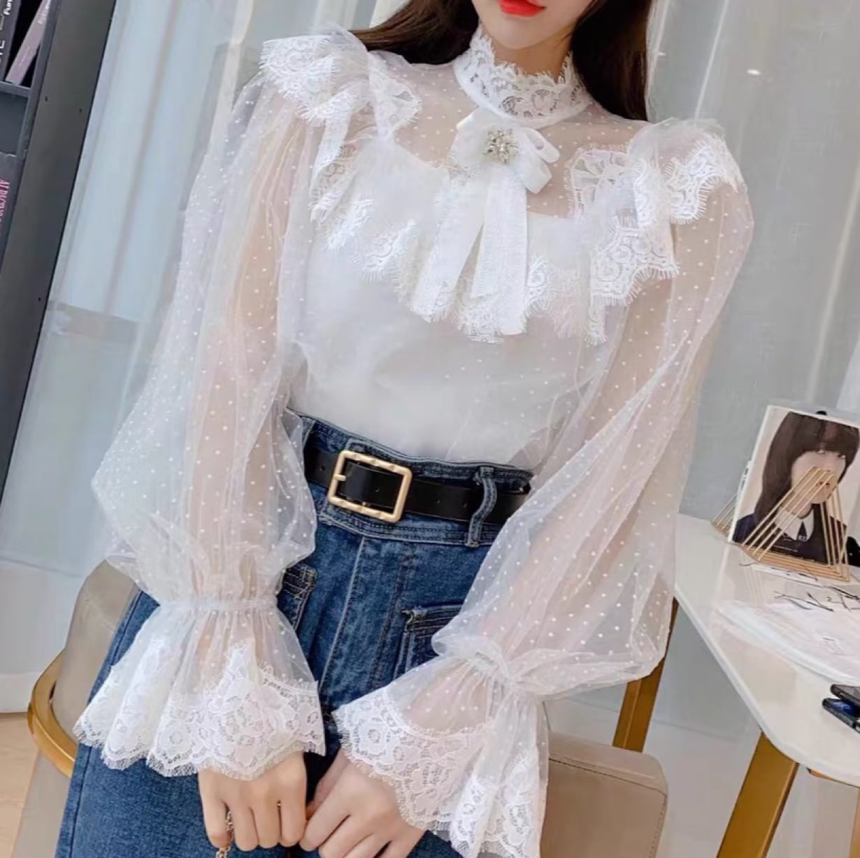 ☆ホワイト しろ 白 フリル ガーリー ブラウス トップス レース