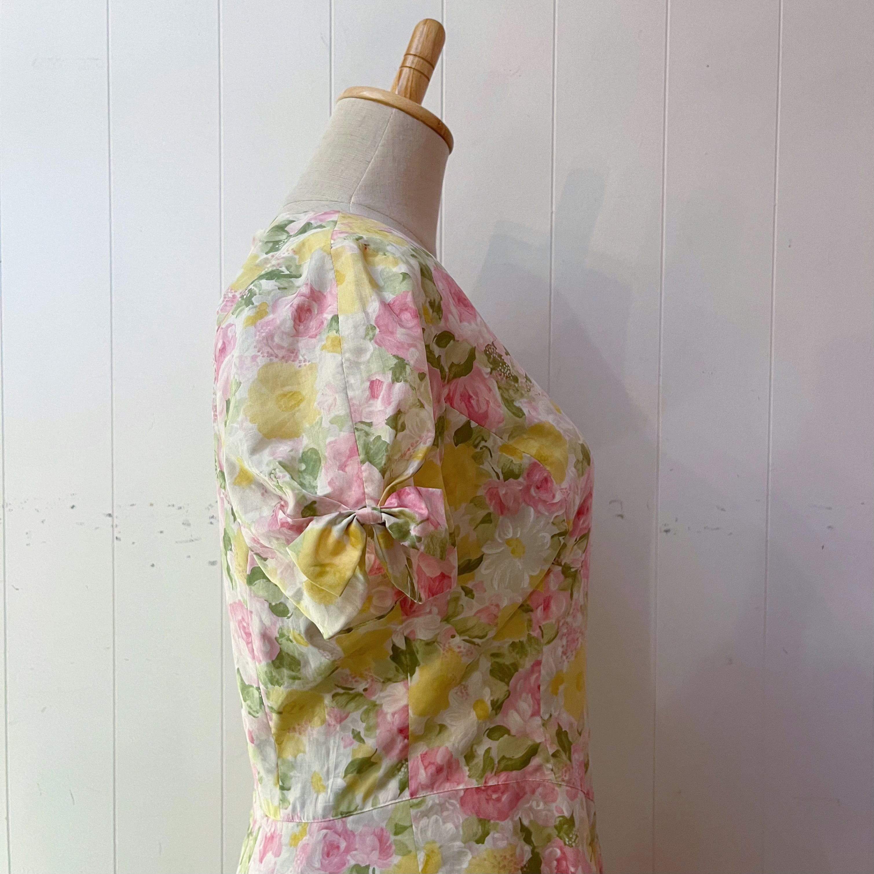 yellow pink flower ribbon sleeve one-piece