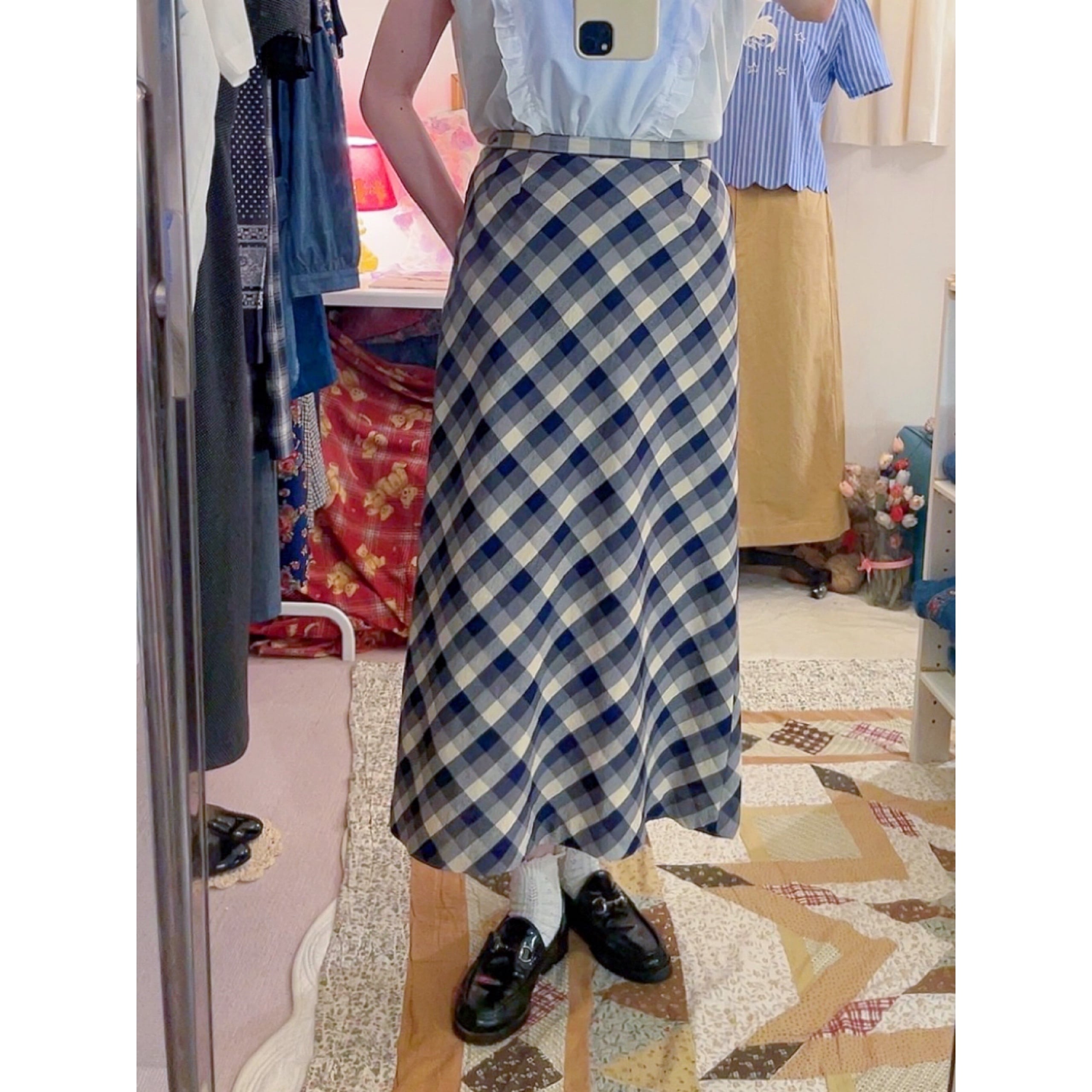 blue ivory check long skirt